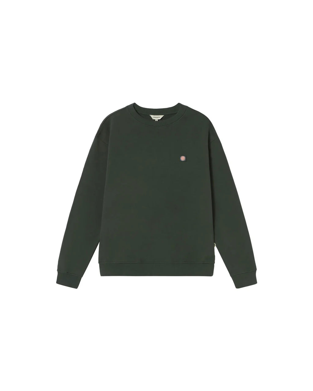 Dunkelgrünes Sweatshirt "Leon" mit rundem Halsausschnitt, kleinem Sonnen-Logo auf der Brust und großem Sonnen-Print auf der Rückseite vor hellem Hintergrund.