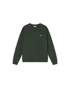 Dunkelgrünes Sweatshirt "Leon" mit rundem Halsausschnitt, kleinem Sonnen-Logo auf der Brust und großem Sonnen-Print auf der Rückseite vor hellem Hintergrund.