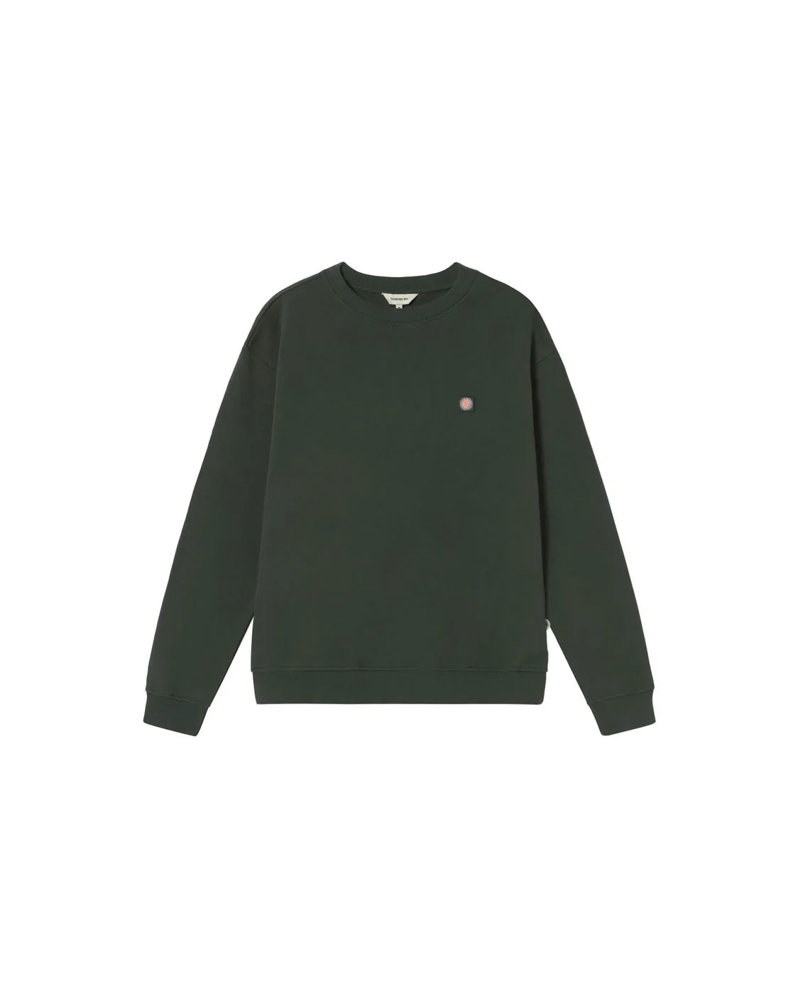 Dunkelgrünes Sweatshirt "Leon" mit rundem Halsausschnitt, kleinem Sonnen-Logo auf der Brust und großem Sonnen-Print auf der Rückseite vor hellem Hintergrund.