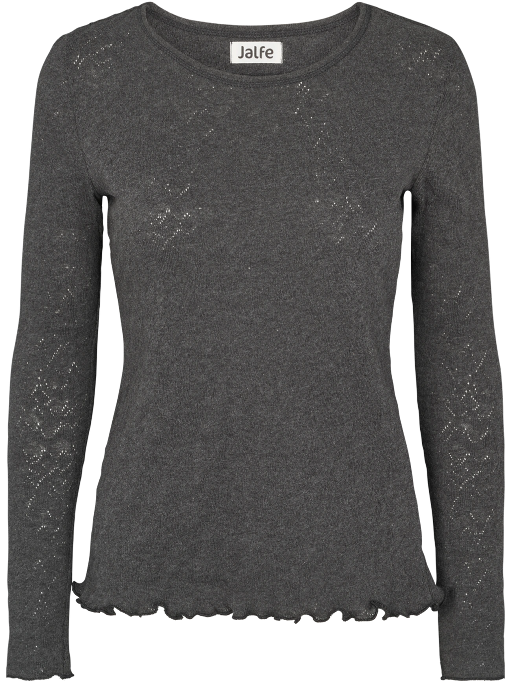 Dunkelgraues Langarmshirt mit Jacquard-Muster und Wellensaum der dänischen Marke Jalfe vor dunklem Hintergrund.