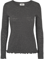 Dunkelgraues Langarmshirt mit Jacquard-Muster und Wellensaum der dänischen Marke Jalfe vor dunklem Hintergrund.