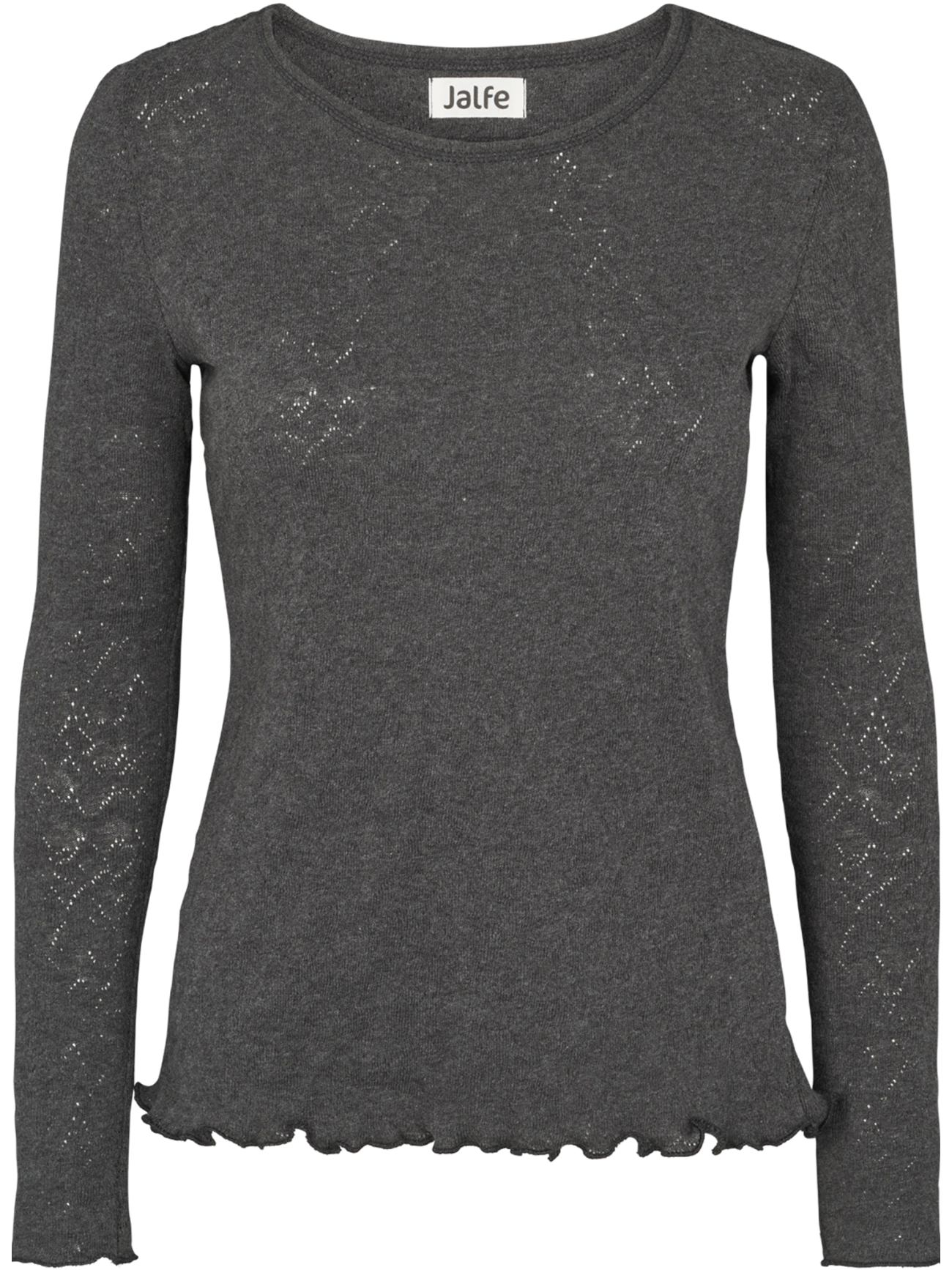Dunkelgraues Langarmshirt mit Jacquard-Muster und Wellensaum der dänischen Marke Jalfe vor dunklem Hintergrund.