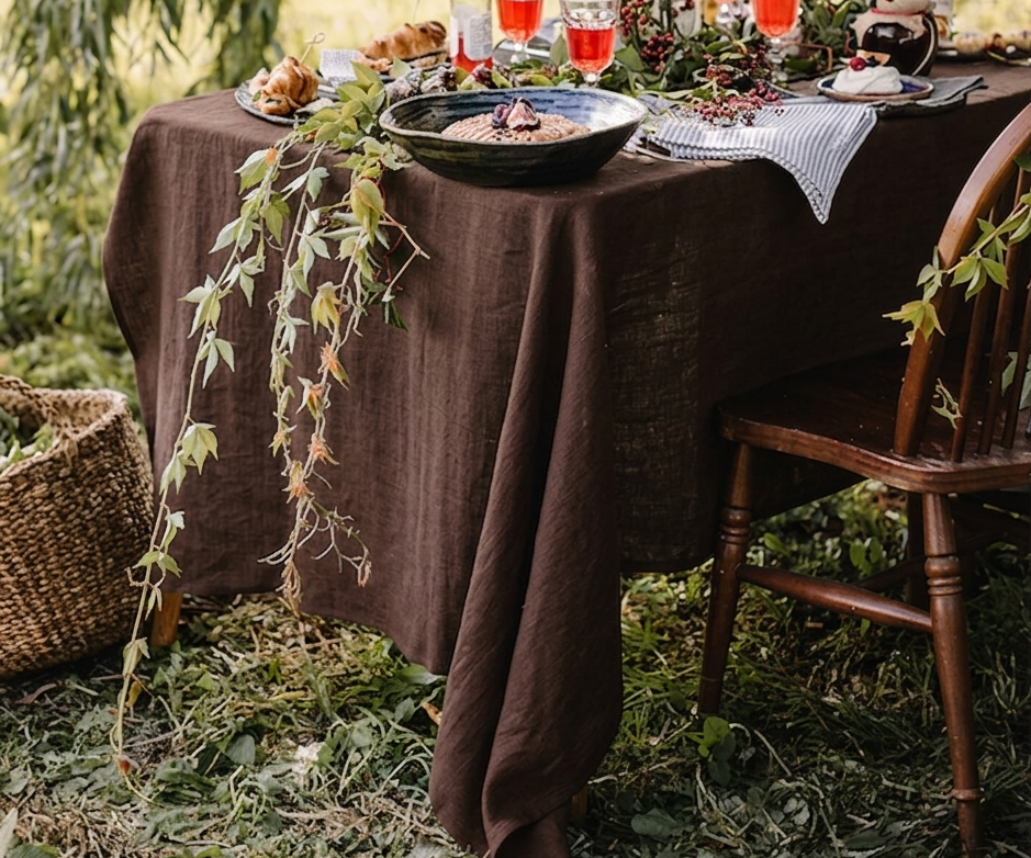 Ein herbstlich oder sommerlich gedeckter Tisch im Freien mit der schokoladenbraunen (Chocolate Brown) Epic Linen Tischdecke, dekoriert mit Tellern, Gläsern mit rotem Getränk und grünem Ranken-Schmuck.