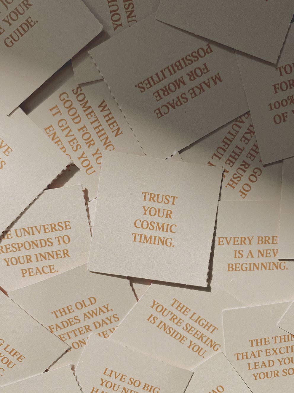 Ein warmtöniger DIN A4 Adventskalender von Anna Cosma mit dem Aufdruck „Trust the timing of your life“, Schlangen-Symbolik und geöffneten Türchen mit Affirmationen.