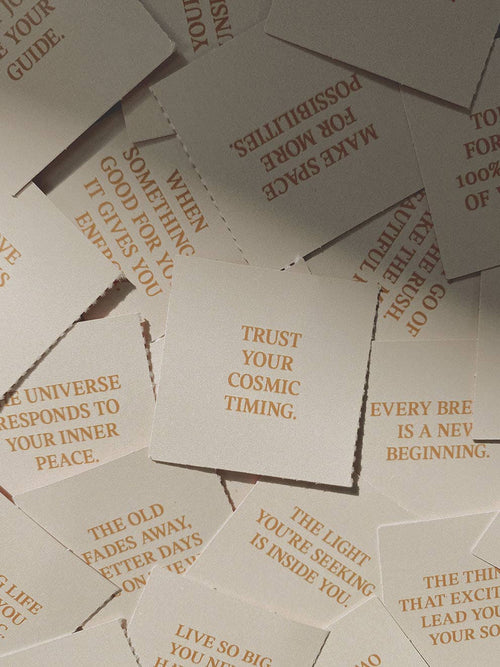 Ein warmtöniger DIN A4 Adventskalender von Anna Cosma mit dem Aufdruck „Trust the timing of your life“, Schlangen-Symbolik und geöffneten Türchen mit Affirmationen.