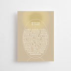 Eine Postkarte von Anna Cosma in warmem Beige mit elliptischem Typo-Design und englischen Affirmationen zur Winterzeit.
