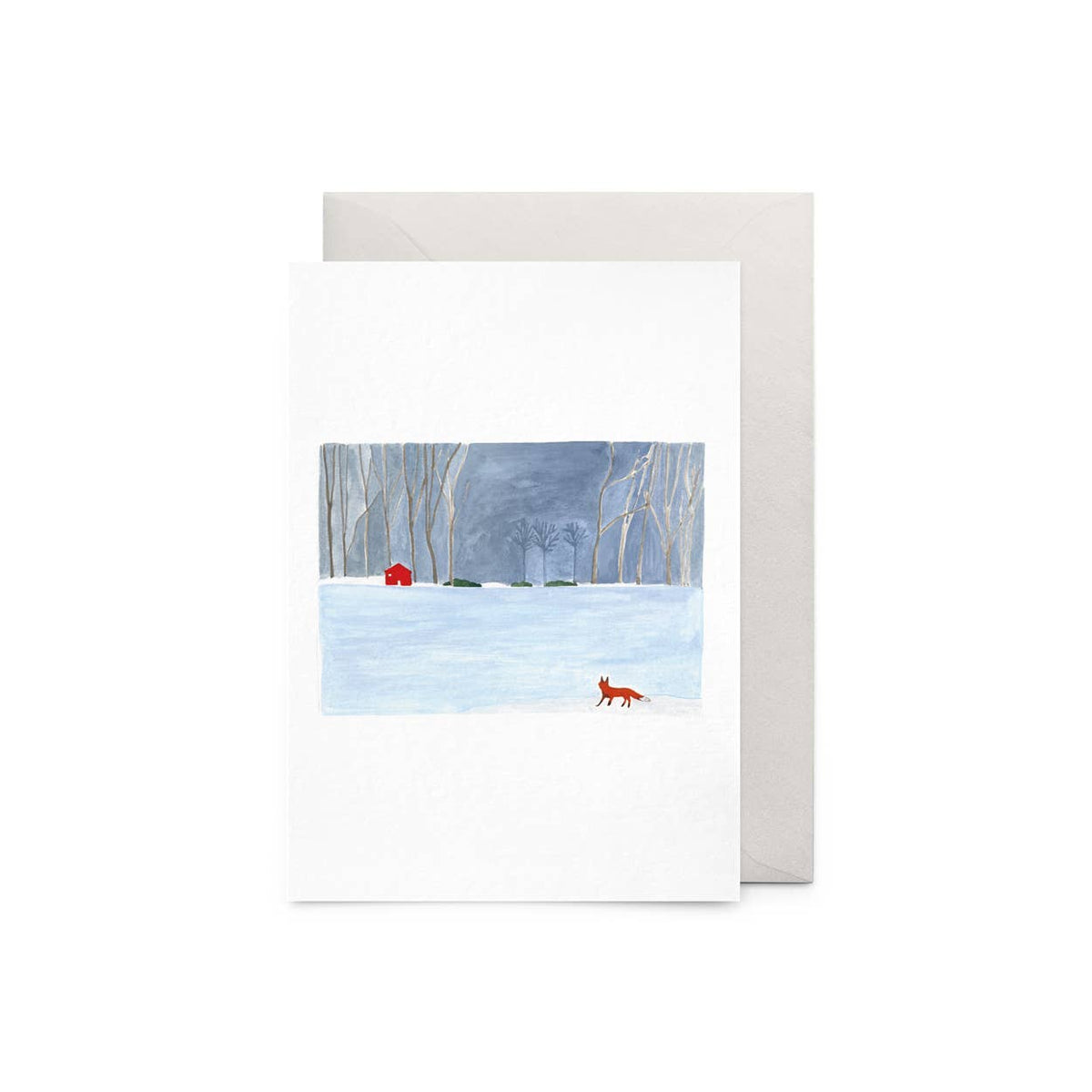 Eine gefaltete Grußkarte mit einer verschneiten Winterlandschaft, einem roten Fuchs und einem kleinen roten Haus samt hellgrauem Umschlag.