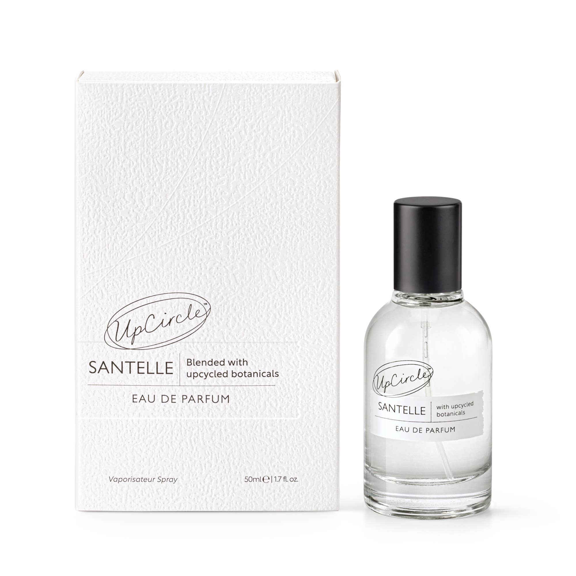 Eleganter 50 ml Glasflakon und weiße Strukturverpackung des Santelle Eau de Parfum.