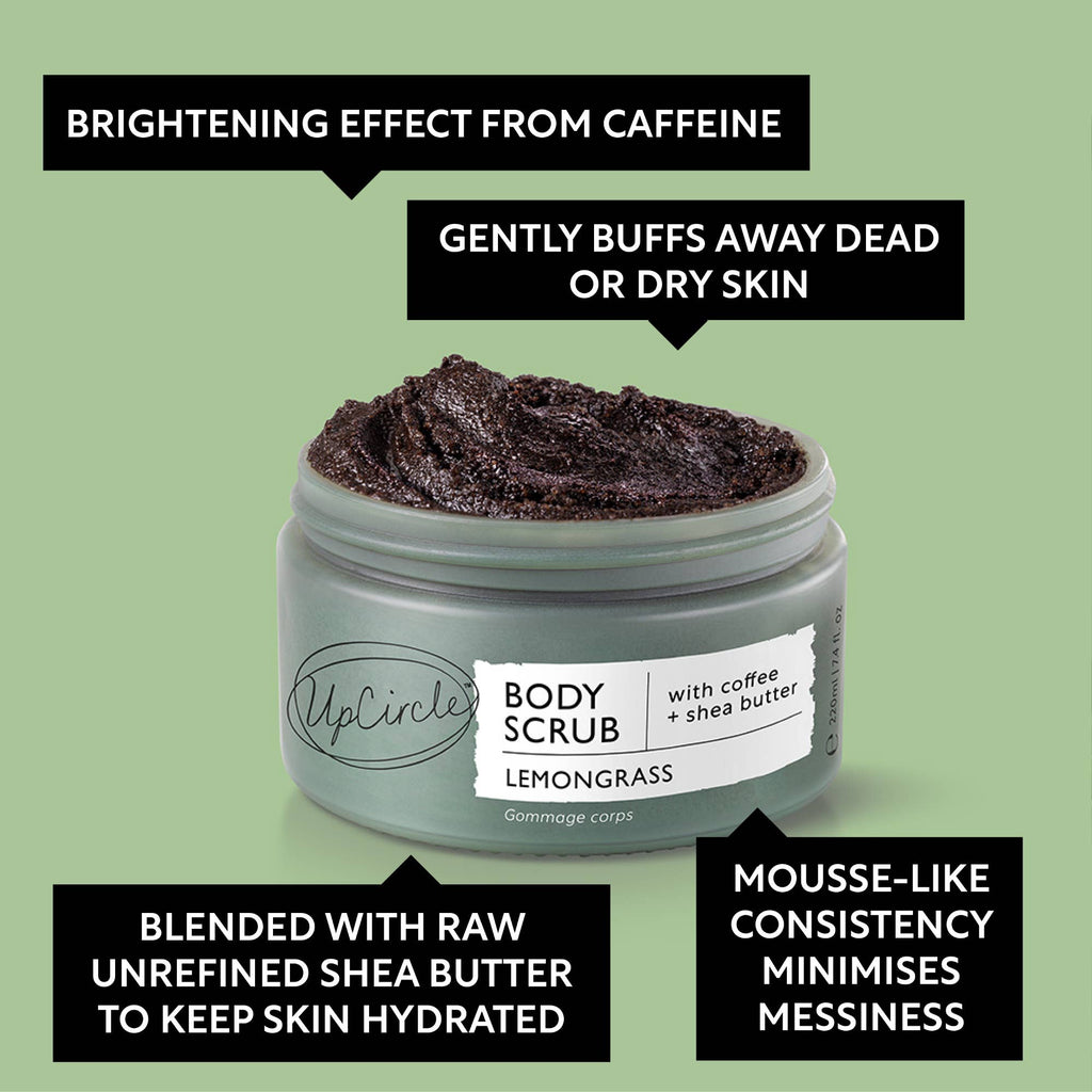 Infografik zu den Vorteilen: Aufhellender Effekt durch Koffein und Feuchtigkeit durch Sheabutter.