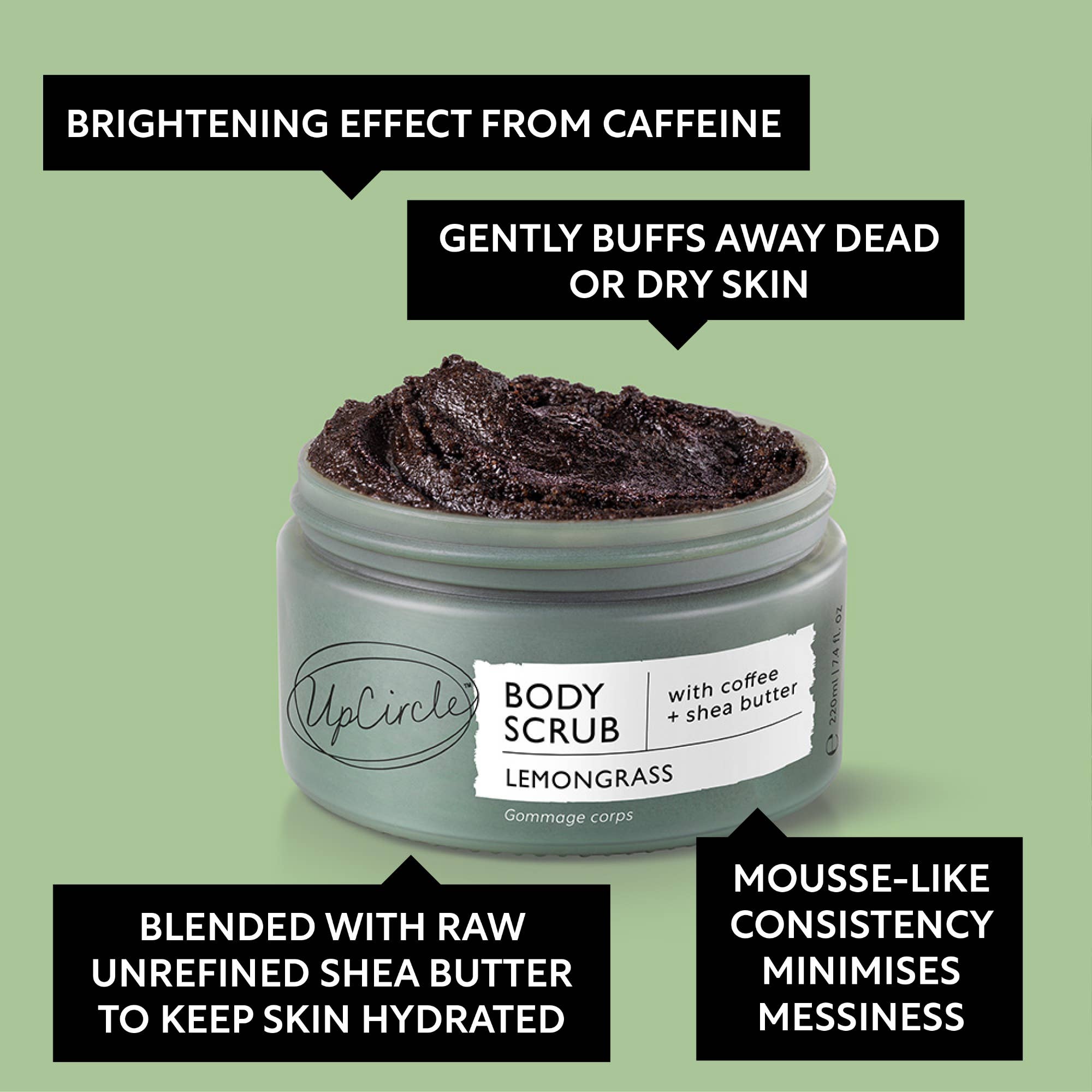 Infografik zu den Vorteilen: Aufhellender Effekt durch Koffein und Feuchtigkeit durch Sheabutter.