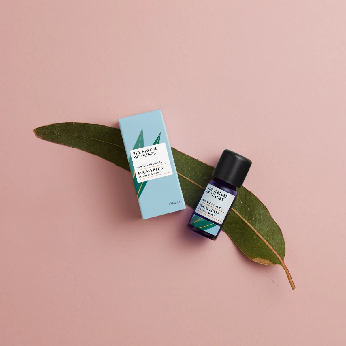 Kleine blaue 12-ml-Flasche des Essential Oil Organic Eucalyptus von The Nature of Things und dazugehörige hellblaue Umverpackung mit Eukalyptus-Illustrationen vor einem beigen Hintergrund.