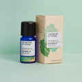 Kleine blaue 12-ml-Flasche des Essential Oil Patchouli von The Nature of Things und dazugehörige beige Umverpackung mit grünen Blatt-Illustrationen vor einem hellgrünen Hintergrund.