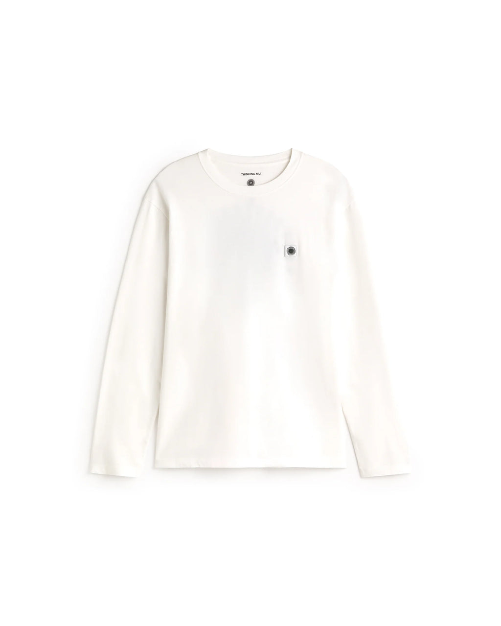 weißes Langarmshirt Big Sol White Emilio Tee von Thinking Mu mit Rundhalsausschnitt und grünem „Big Sol“-Sonnenprint auf der Rückseite.
