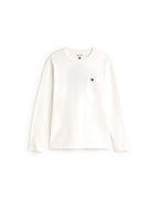 weißes Langarmshirt Big Sol White Emilio Tee von Thinking Mu mit Rundhalsausschnitt und grünem „Big Sol“-Sonnenprint auf der Rückseite.