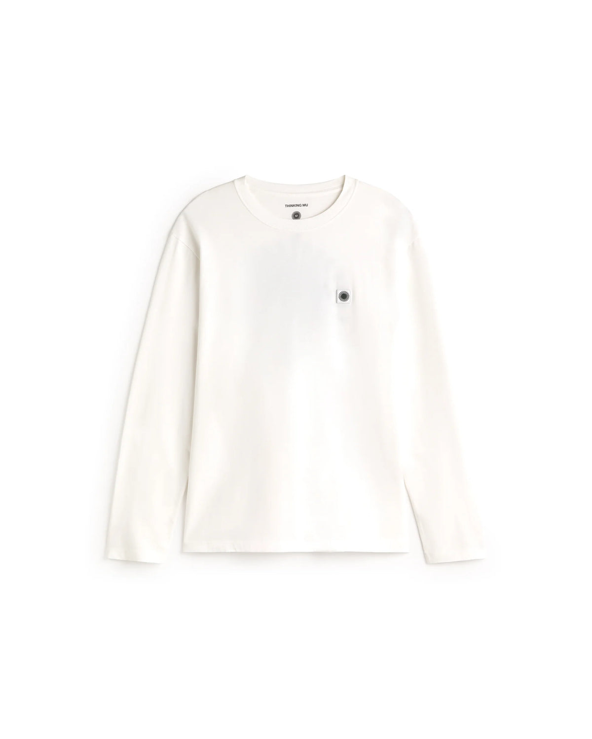weißes Langarmshirt Big Sol White Emilio Tee von Thinking Mu mit Rundhalsausschnitt und grünem „Big Sol“-Sonnenprint auf der Rückseite.