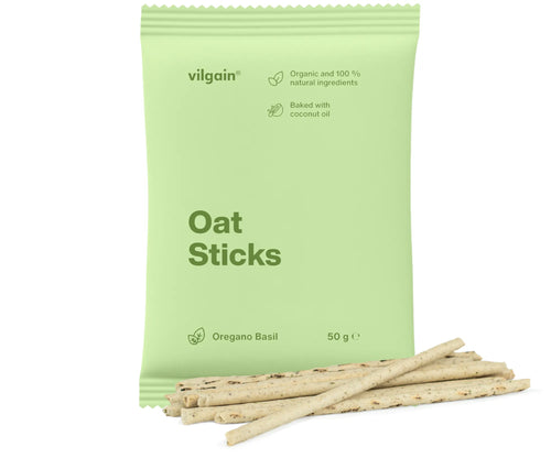 Packung Vilgain Bio-Hafer-Sticks mit Oregano und Basilikum, würziger Bio-Snack aus Vollkornhafer, mediterrane Geschmacksrichtung.