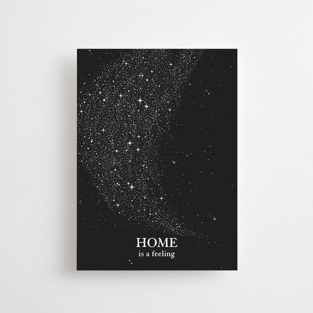 Postkarte "Home is a Feeling" im DIN-A6-Format von Anna Cosma mit einem tiefschwarzen, sternenübersäten Nachthimmel und dem weißen Schriftzug „HOME is a feeling“.