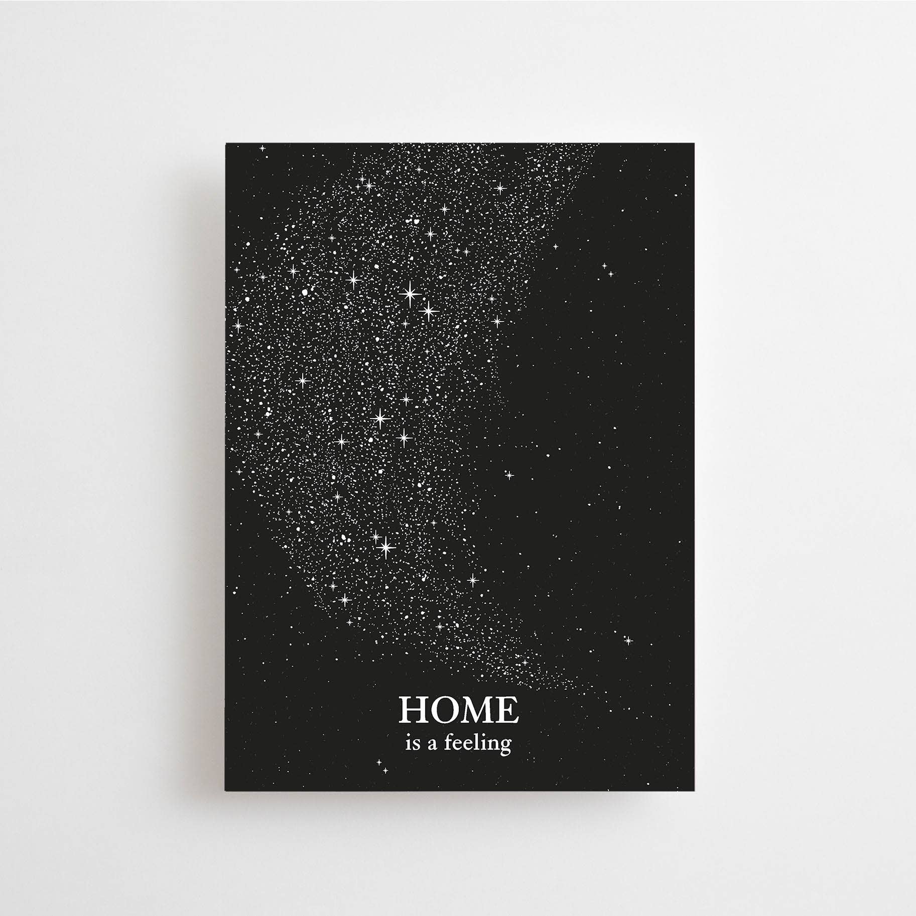 Postkarte "Home is a Feeling" im DIN-A6-Format von Anna Cosma mit einem tiefschwarzen, sternenübersäten Nachthimmel und dem weißen Schriftzug „HOME is a feeling“.