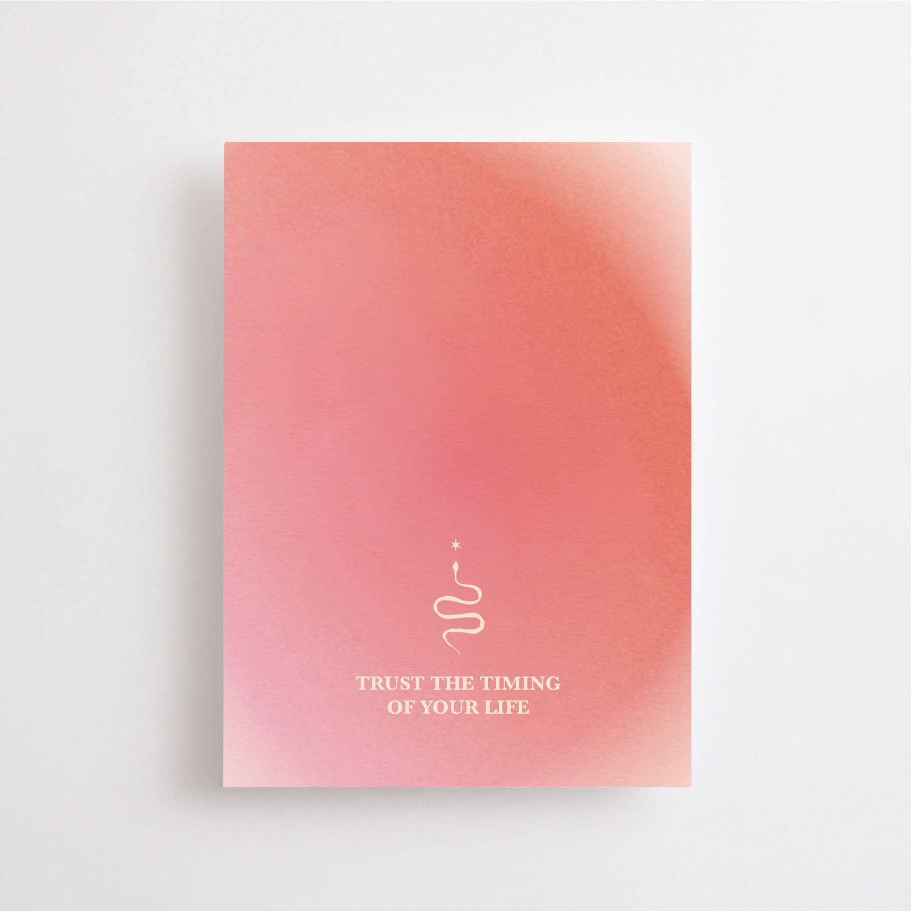 Postkarte „Trust the Timing of your Life“ im DIN-A6-Format mit einem sanften rot-rosa Farbverlauf, einer minimalistischen Schlangen-Illustration und dem Schriftzug vor hellem Hintergrund.