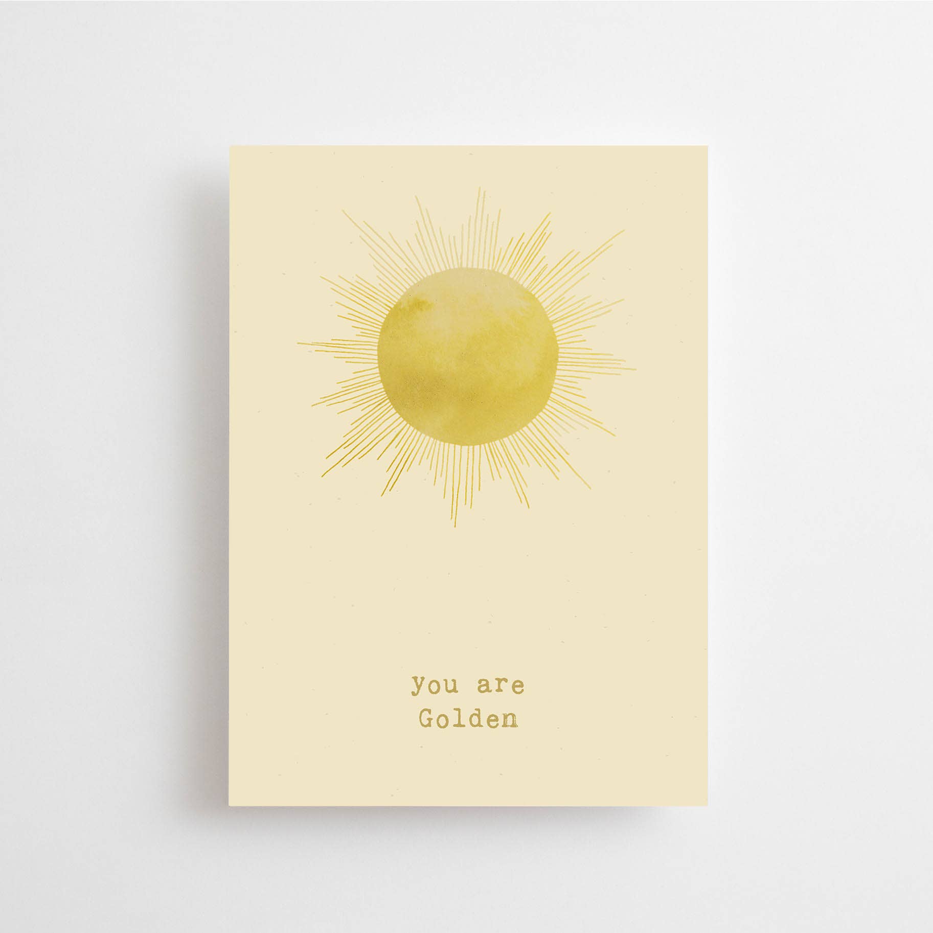 Postkarte „You are Golden“ im DIN-A6-Format mit einer gelben Aquarell-Sonne und dem Schriftzug „You are Golden“ auf hellem Hintergrund.