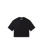 Schwarzes Oversize-T-Shirt "Lena" von Thinking Mu mit Rundhalsausschnitt und 3/4-Ärmeln vor hellem Hintergrund.