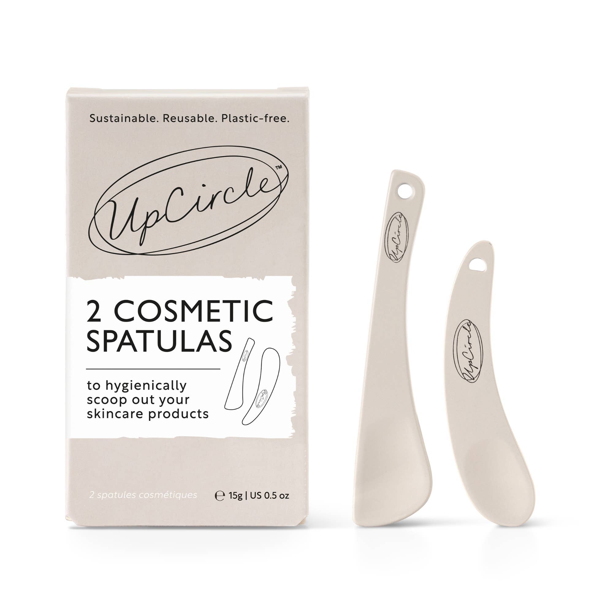 UpCircle 2 Cosmetic Spatulas Verpackung und die zwei Metallspatel in verschiedenen Größen.