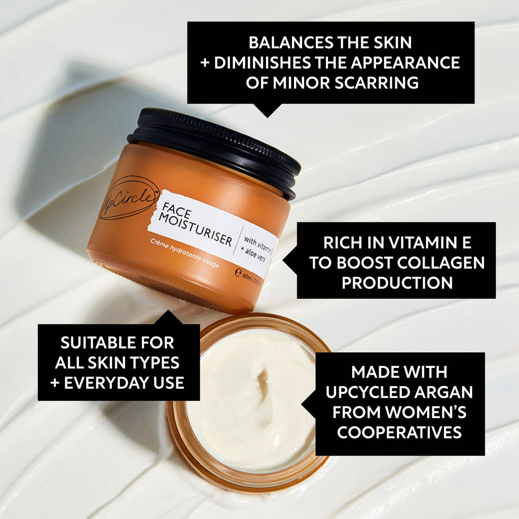 UpCircle Face Moisturiser 30ml Tiegel und recycelbare Umverpackung mit Inhaltsstoffen Vitamin E und Aloe Vera.