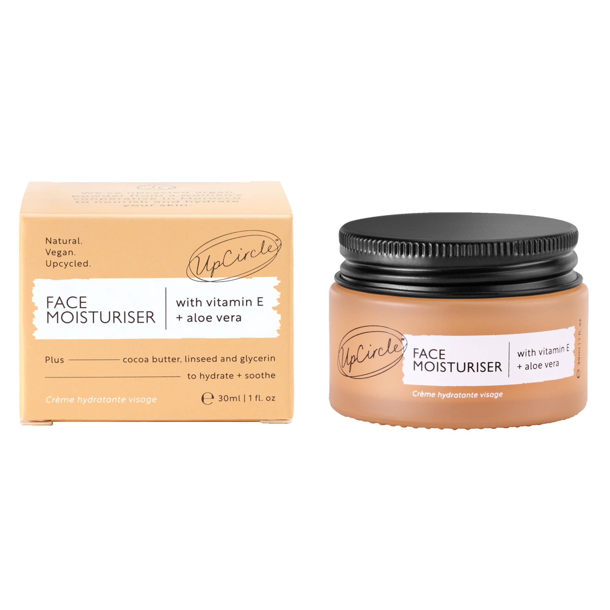 UpCircle Face Moisturiser 30ml Tiegel und recycelbare Umverpackung mit Inhaltsstoffen Vitamin E und Aloe Vera.