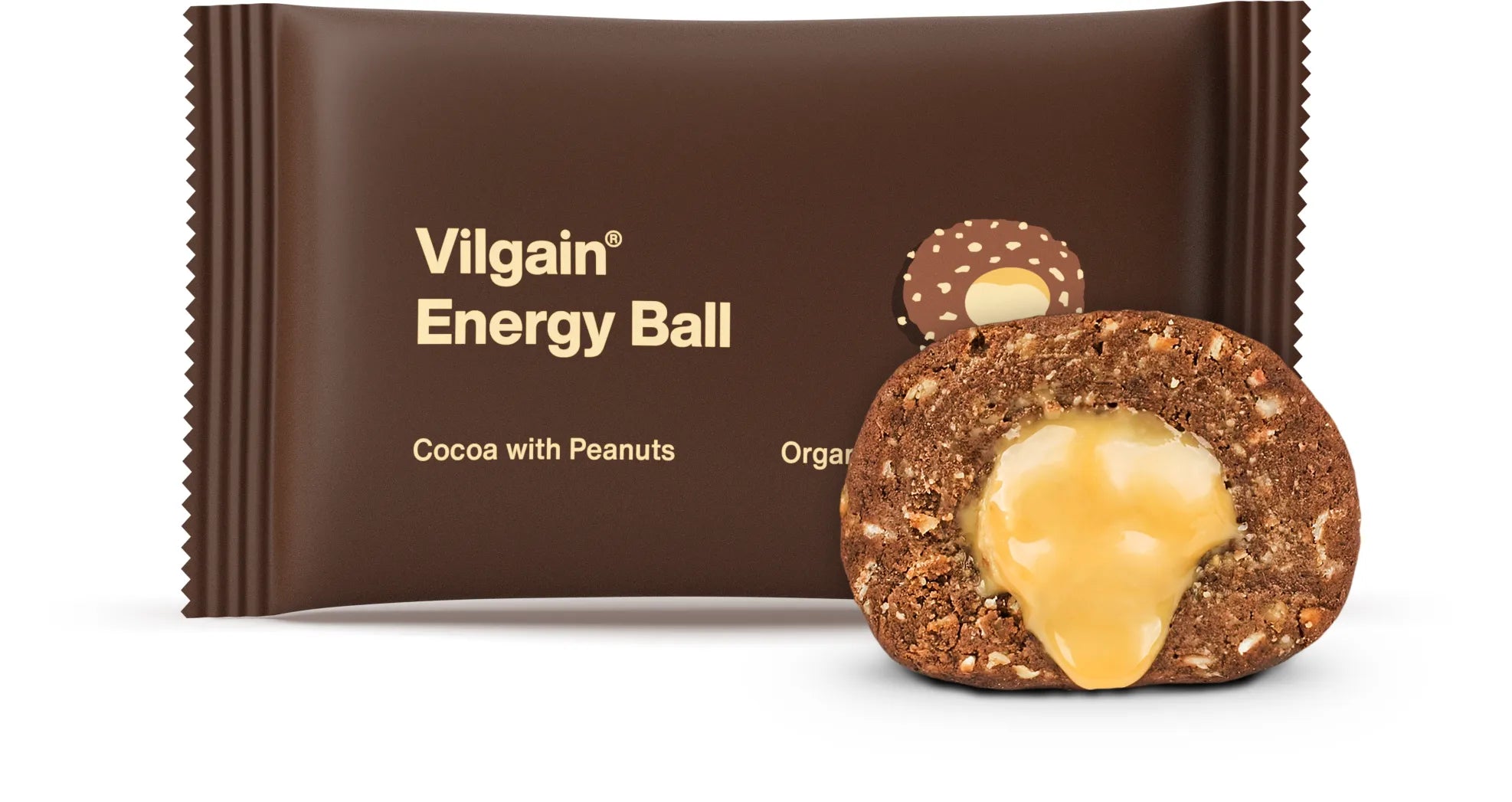 Vilgain Bio Energy Ball Kakao mit Erdnussbutter, veganer Bio-Snack aus Datteln, verpackt 