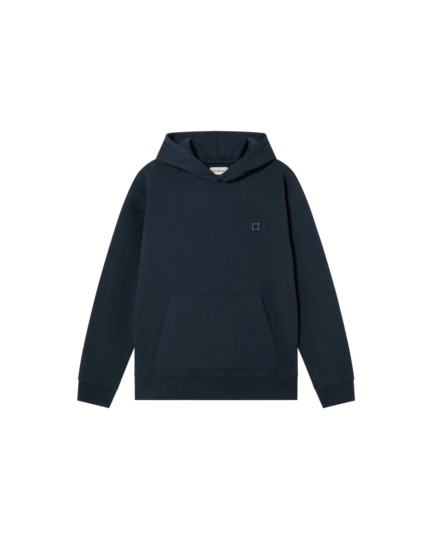 Dunkelblauer Thinking MU Hoodie Simon Sol aus Bio-Baumwolle mit Siebdruck-Sonne auf dem Rücken. in Koblenz kaufen
