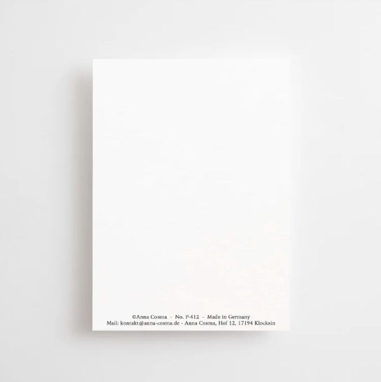 Postkarte "Begin Again" im DIN A6 Format von Anna Cosma mit einem runden braunen Motiv, kleineren Vögeln und dem Text "begin again and again and again" auf beigem Hintergrund.