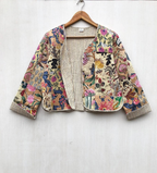Wendbare gesteppte Patchwork Jacke aus Baumwolle Beige