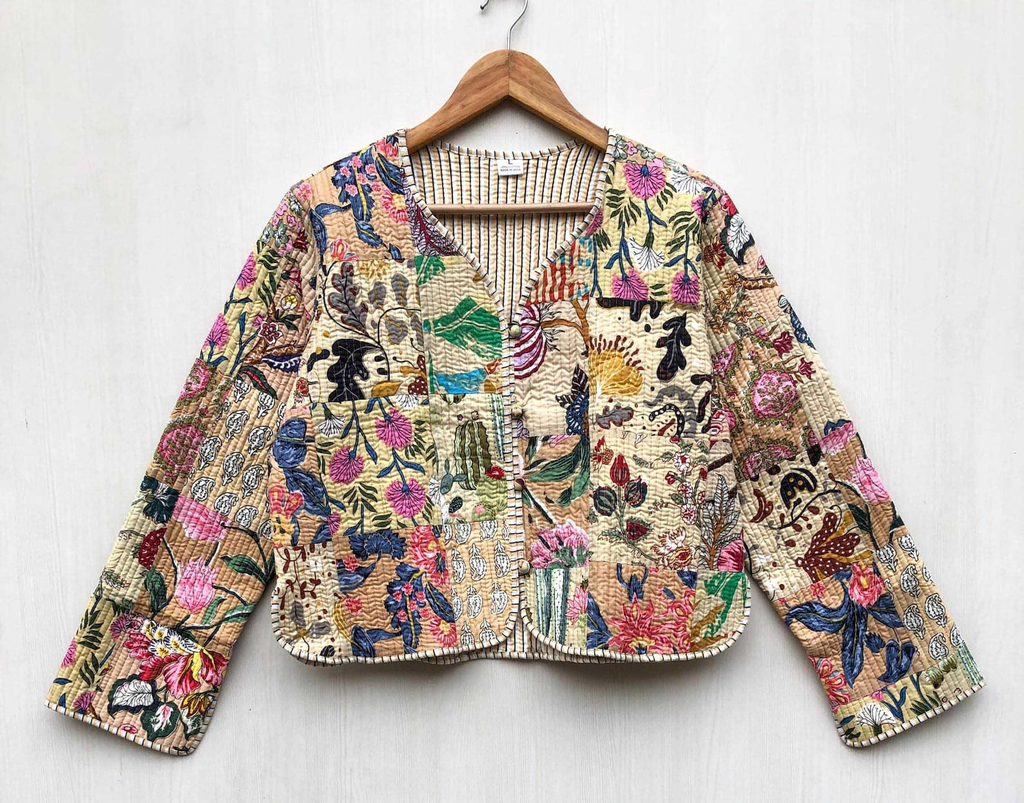 Wendbare gesteppte Patchwork Jacke aus Baumwolle Beige