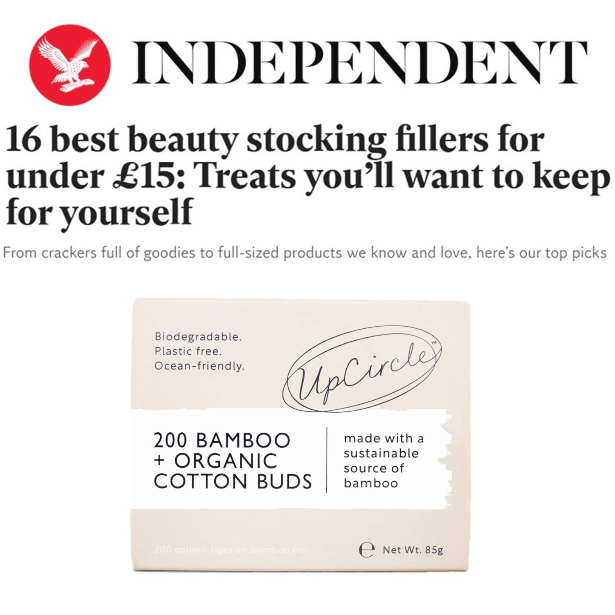 Zeitungsbericht des Independent, der die UpCircle Wattestäbchen als Top-Beauty-Tipp hervorhebt.