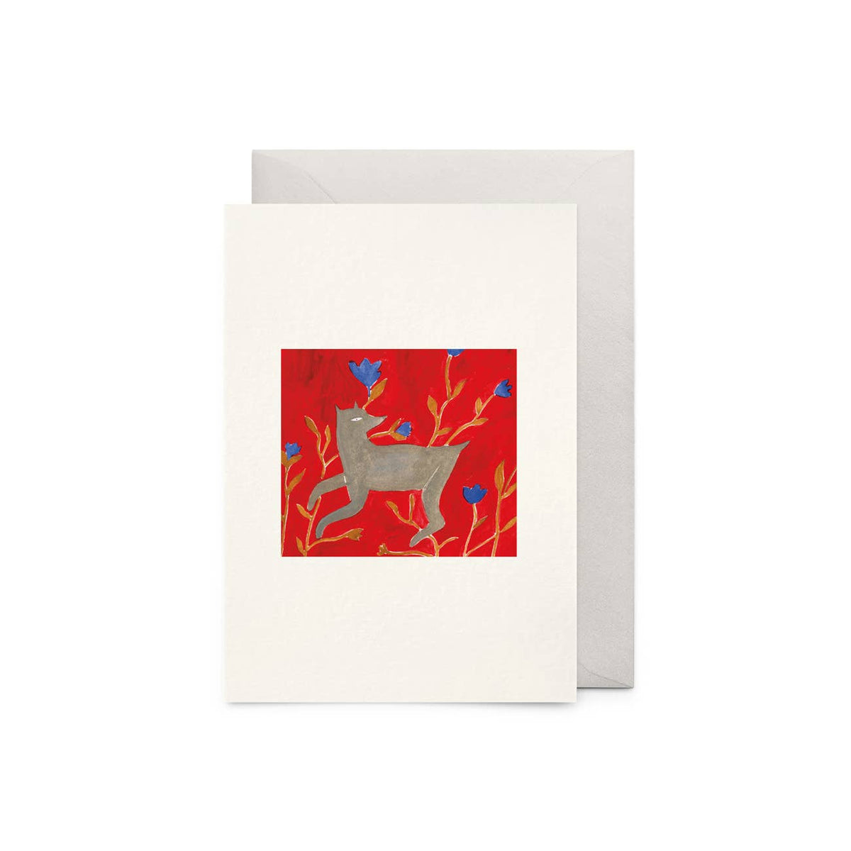 Eine doppelt gefaltete Grußkarte mit einer künstlerischen Illustration eines grauen Tieres vor rotem Hintergrund mit blauen Blüten, präsentiert mit einem Umschlag.
