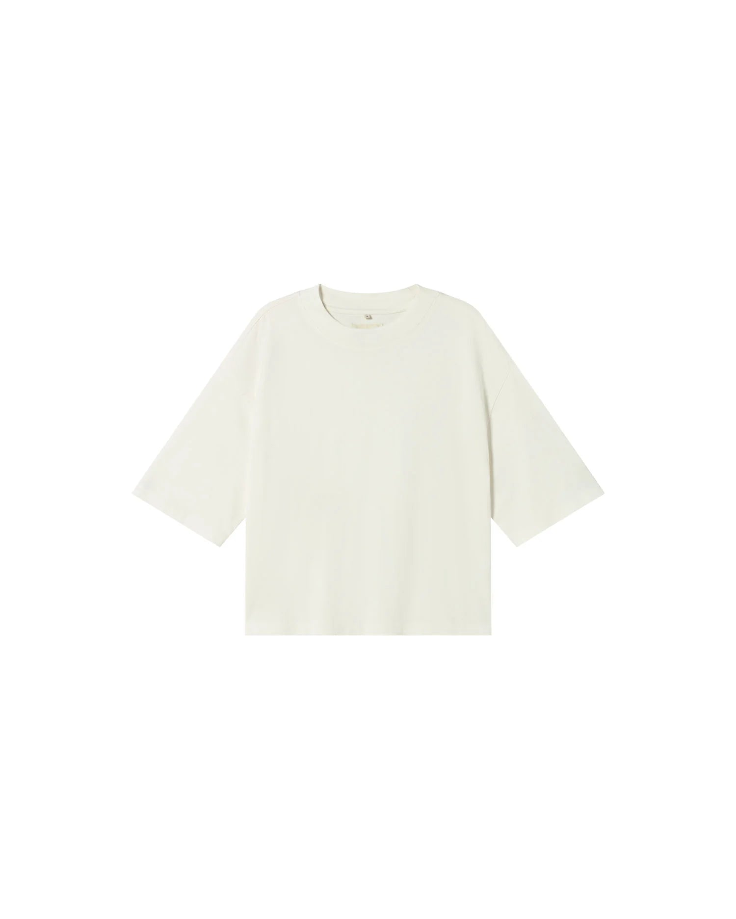weißes Oversize-T-Shirt "Lena" von Thinking Mu mit Rundhalsausschnitt und 3/4-Ärmeln vor hellem Hintergrund.