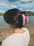 Rückansicht einer Frau mit dunklem Haar vor einer Wasserlandschaft, deren Frisur von der großen, pastellrosa gestreiften Cloud Haarklammer gehalten wird.